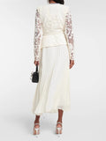 Diynav Name Studded Woven Strip Lace Embroidery Hook Hollow 100-Fold Long Dress Apricot Color