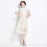 Diynav Court Style Temperament Short-Sleeved Round-Neck Waist Thin A-Word Hook Lace Dress Elegant Dress