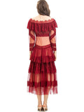 Diynav Round Collar Lotus Side Spliced Long Sleeve Elegant Lace Wine Red Dress Women's Autumn New 2025