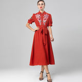 Diynav Industry Embroidered Flower Lily Collar Short Sleeve Tie Tight Waist High Dress Station Spring And Summer Woman 2025