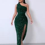 Diynav Selling New Women's Clothing 2025 Spring Fashion Squin Single-Sleeve-Less Open-Fork Dress Solid Color