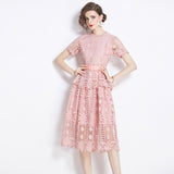 Diynav Court Style Temperament Short-Sleeved Round-Neck Waist Thin A-Word Hook Lace Dress Elegant Dress