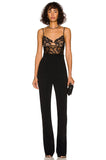 Diynav Hepburn Women's Sling Lace Bandage Elastic Slimming Jumpsuit Fish Bone Long Black