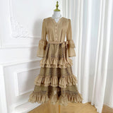 Diynav Retro Court Hollow Lace Splicing Horn Sleeve Dress Female Waist Temperament Over Knee Cake Long Skirt