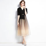 Diynav Dress Famous Temperament Thin Fake Two Suit Mesh Splicing Long Skirt
