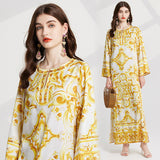 Diynav Blue And White Porcelain Printed Dress Women Summer Seaside Beach Dress Loose Meat Cover Sunscreen Open Fork Dress
