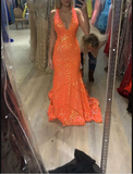Diynav Sparkly Mermaid V Neck Sequins Long Prom Dresses, Orange Evening Dresses HZ1017
