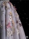 Diynav V Neckline Gray Tulle Floral Ball Gown Long Evening Gown Prom Dress HZ1017