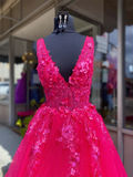 Diynav Neck Pink Lace Prom Dresses, Pink V Neck Long Lace Formal Evening Dresses HZ1017