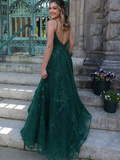 Diynav Line V Neck Green Lace Long Prom Dresses, Green Lace Formal Dresses, Green Evening Dresses HZ1017