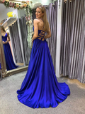 Diynav A line blue long prom dress, backless blue evening dress HZ1017