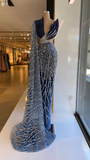 Diynav Blue One Shoulder Evening Dresses V Neck Prom Gowns Custom Made Sequin Sparkly Formal Party Dresses HZ1017