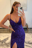 Diynav Straps Purple Sequins Sparkly Prom Dress with Slit, V Neck Mermaid Purple Formal Graduation Evening Dresses HZ1017