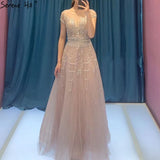 Diynav A-Line Luxury Beading Sparkle Evening Dresses 2025 Dubai O-Neck Cap Sleeves Formal Dress HZ1017