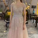 Diynav A-Line Luxury Beading Sparkle Evening Dresses 2025 Dubai O-Neck Cap Sleeves Formal Dress HZ1017