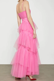 Diynav A-Line Hot Pink Tiered Tulle Long Prom Dress Evening Dress HZ1017