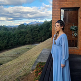 Diynav Long Blue V-Neck Evening Dresses A-Line Chiffon Pleated Ankle Length Prom Dress HZ1017