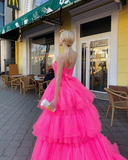 Diynav A Line High Low Strapless Pink Long Prom/Evening Dress Ruffles HZ1017