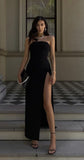 Diynav Black Elastic Satin Evening Dress Strapless High Side Slit Sexy Formal Party Dresses Ankle Length Occasion Gown HZ1017