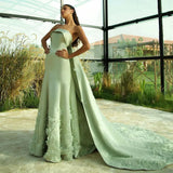 Diynav 3D Leaves Sage Green Dubai Evening Dress with Cape HZ1017