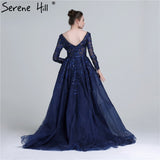 Diynav 2025 Dark Blue Deep-V Tulle Evening Dresses Newest Long Sleeve Appliques Sequined Gowns HZ1017