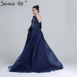 Diynav 2025 Dark Blue Deep-V Tulle Evening Dresses Newest Long Sleeve Appliques Sequined Gowns HZ1017