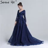 Diynav 2025 Dark Blue Deep-V Tulle Evening Dresses Newest Long Sleeve Appliques Sequined Gowns HZ1017