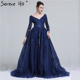 Diynav 2025 Dark Blue Deep-V Tulle Evening Dresses Newest Long Sleeve Appliques Sequined Gowns HZ1017