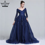 Diynav 2025 Dark Blue Deep-V Tulle Evening Dresses Newest Long Sleeve Appliques Sequined Gowns HZ1017