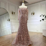 Diynav 3D Flowers Pink Luxury Dubai Evening Dress with Overskirt HZ1017
