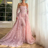 Diynav 3D Flowers Pink Luxury Dubai Evening Dress with Overskirt HZ1017