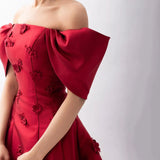 Diynav 3D Flowers Off Shoulder Red Evening Dress HZ1017