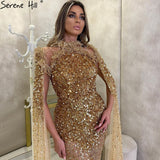 Diynav Gold Luxury Elegant Mermaid Evening Dresses Gowns 2025 Cape Sleeves Beading Sexy For Women Party HZ1017