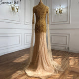 Diynav Gold Luxury Elegant Mermaid Evening Dresses Gowns 2025 Cape Sleeves Beading Sexy For Women Party HZ1017
