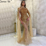 Diynav Gold Luxury Elegant Mermaid Evening Dresses Gowns 2025 Cape Sleeves Beading Sexy For Women Party HZ1017