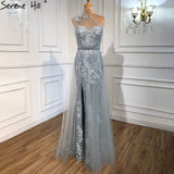 Diynav Grey Mermaid Elegant Evening Dresses Gowns 2025 One Shoulder Lace Sexy Pearls For Women Party HZ1017