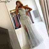 Diynav Grey Mermaid Elegant Evening Dresses Gowns 2025 One Shoulder Lace Sexy Pearls For Women Party HZ1017
