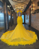 Diynav prom dresses, yellow prom dresses, feather prom dresses, crystal prom dresses, mermaid evening dresses HZ1017