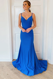Diynav Open Back V Neck Blue Long Prom Dresses, Blue Mermaid Formal Dresses, V Neck Blue Evening Dresses HZ1017