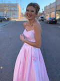 Diynav Satin Prom Dress with Pockets, Pink Satin Long Formal Evening Dresses HZ1017