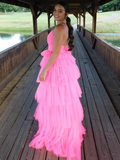 Diynav Open Back Layered Pink Long Prom Dresses Pink Formal Graduation Evening Dresses HZ1017