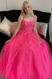Diynav Back Hot Pink Tulle Lace Long Prom Dresses, Hot Pink Lace Formal Graduation Evening Dresses HZ1017