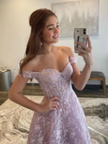 Diynav Shoulder Lilac Lace Long Prom Dresses Off the Shoulder Formal Dresses Lilac Evening Dresses HZ1017