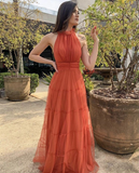 Diynav A-line Orange Sleeveless Tulle Prom Dress Orange Evening Dress HZ1017