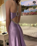 Diynav purple satin beaded long prom evening dresses HZ1017
