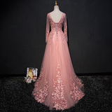 Diynav A-LINE SCOOP FLOOR LENGTH PINK TULLE APPLIQUE PROM DRESS EVENING DRESS HZ1017