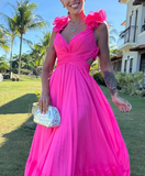 Diynav A Line Ruffle Prom Dresses for Women V Neck Long Bridesmaid Dresses Backless Formal Evening Gowns HZ1017