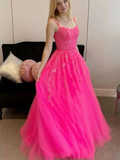 Diynav Back Hot Pink Tulle Lace Long Prom Dresses, Hot Pink Lace Formal Graduation Evening Dresses HZ1017