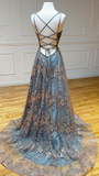Diynav V Neck Tulle Sequin Long Prom Dress, Backless Long Evening Dresses HZ1017