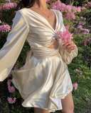 Diynav A-line Homecoming Dress with Long Sleeves White Birthday Party Dress HZ1017